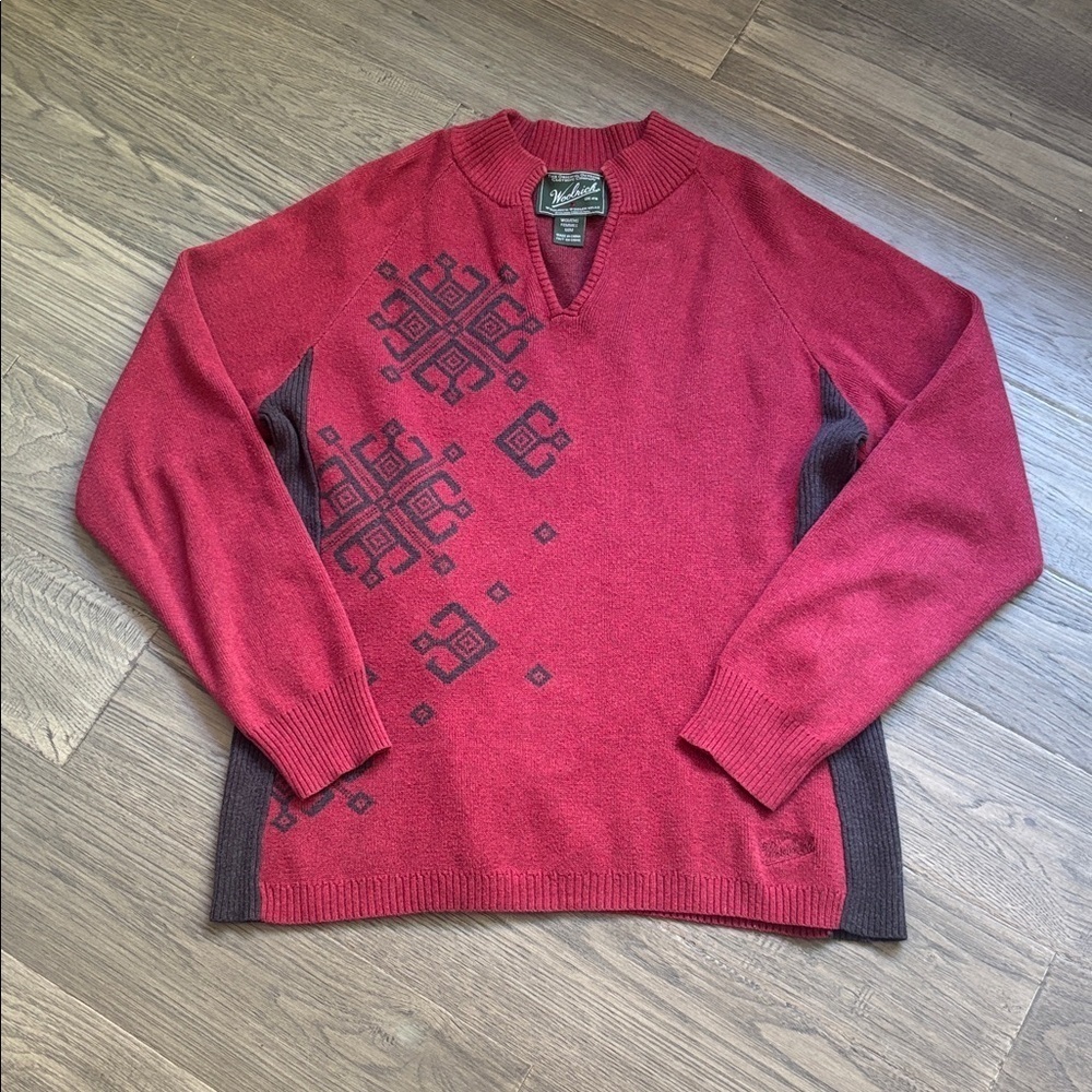 Woolrich | Deep Ruby 100% Cotton Nordic Snowflake V-Neck Sweater Size Medium